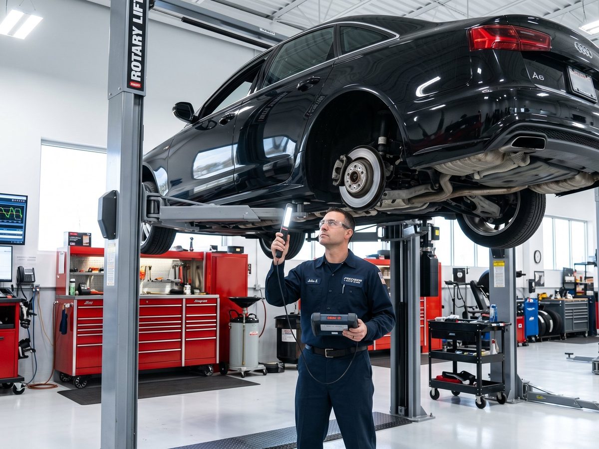 KFZ-Techniker bei der Unterbodenprüfung eines Fahrzeugs auf der Hebebühne