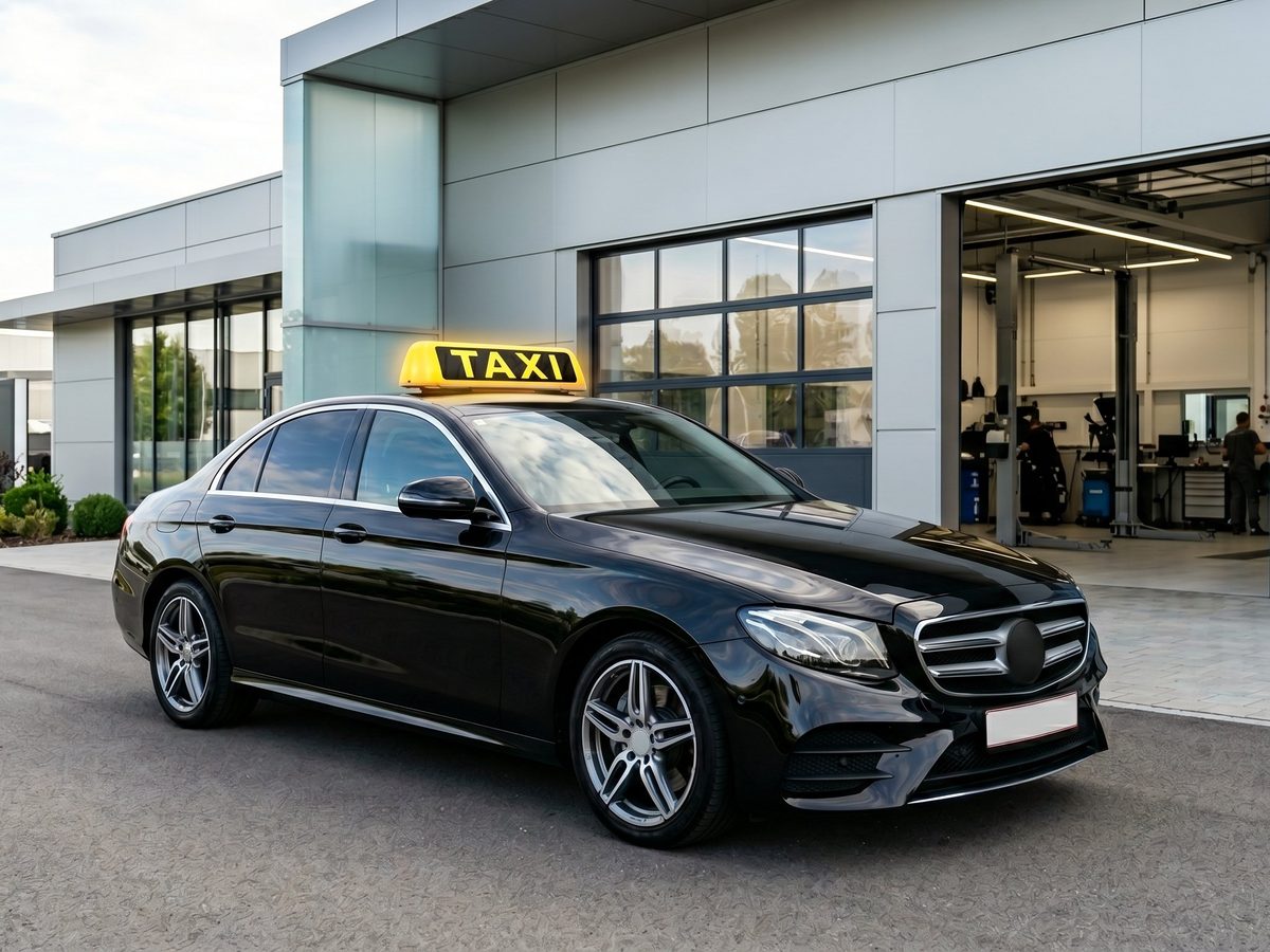 Schwarzes Leih-Taxi mit beleuchtetem Taxischild vor der Werkstatt der LTS GmbH