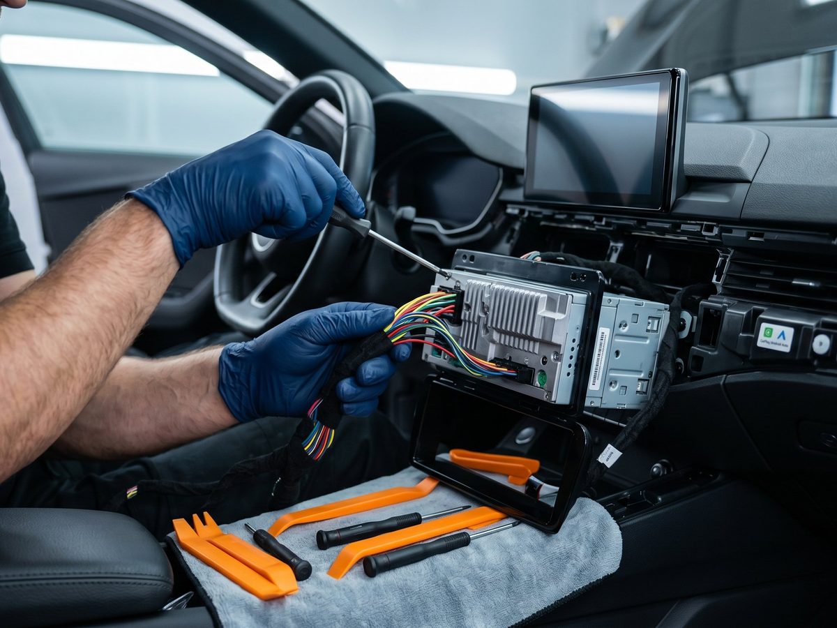 Techniker beim Einbau eines Bordsystems in das Armaturenbrett eines Taxis